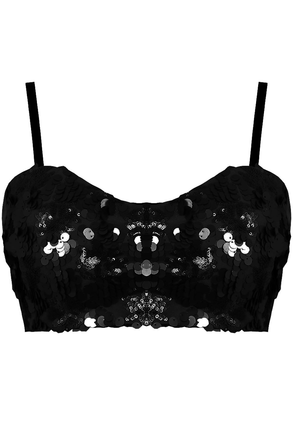 Ghost manequin wears a black sequinned bralette with a sweat heart bust. The bralette has black straps and a back chunky zip fastening.