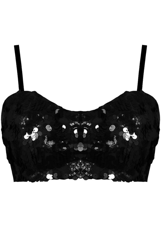 Ghost manequin wears a black sequinned bralette with a sweat heart bust. The bralette has black straps and a back chunky zip fastening.