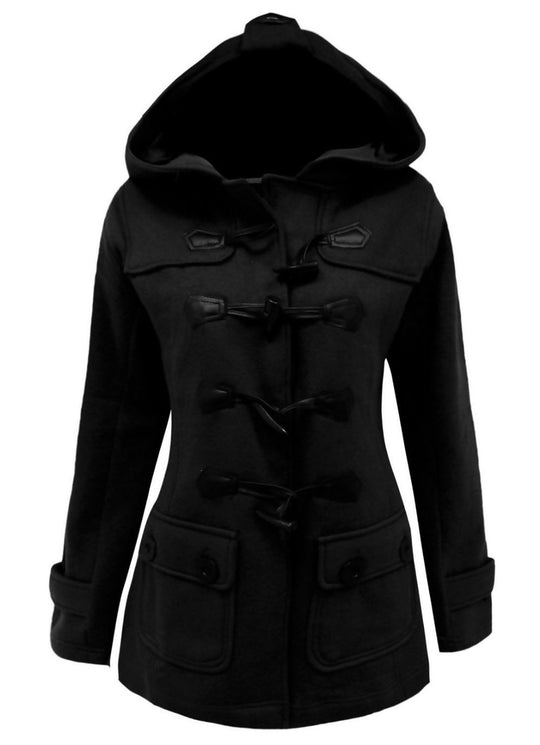 Ghost manequin models  a black toggle coat that is buttoned up. The hood is visible.