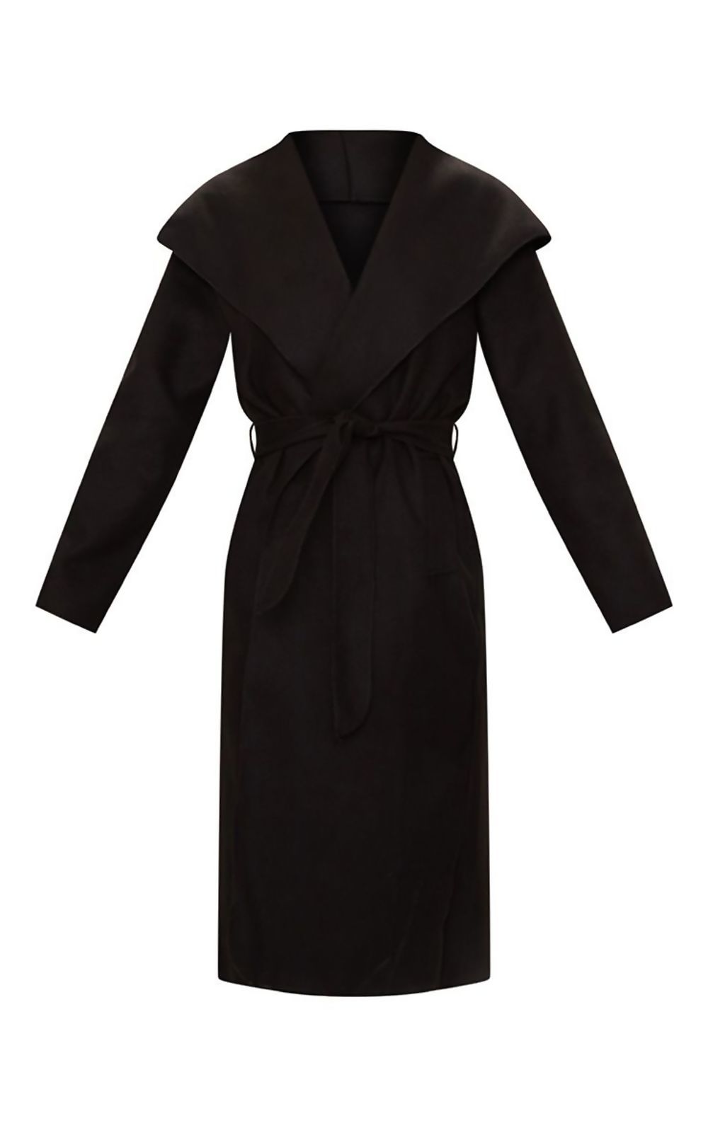Black long duster coat with complimentary belt. Manequin ghost with duster coat and belt. 