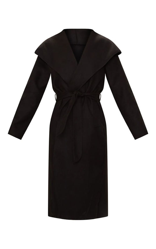Black long duster coat with complimentary belt. Manequin ghost with duster coat and belt. 