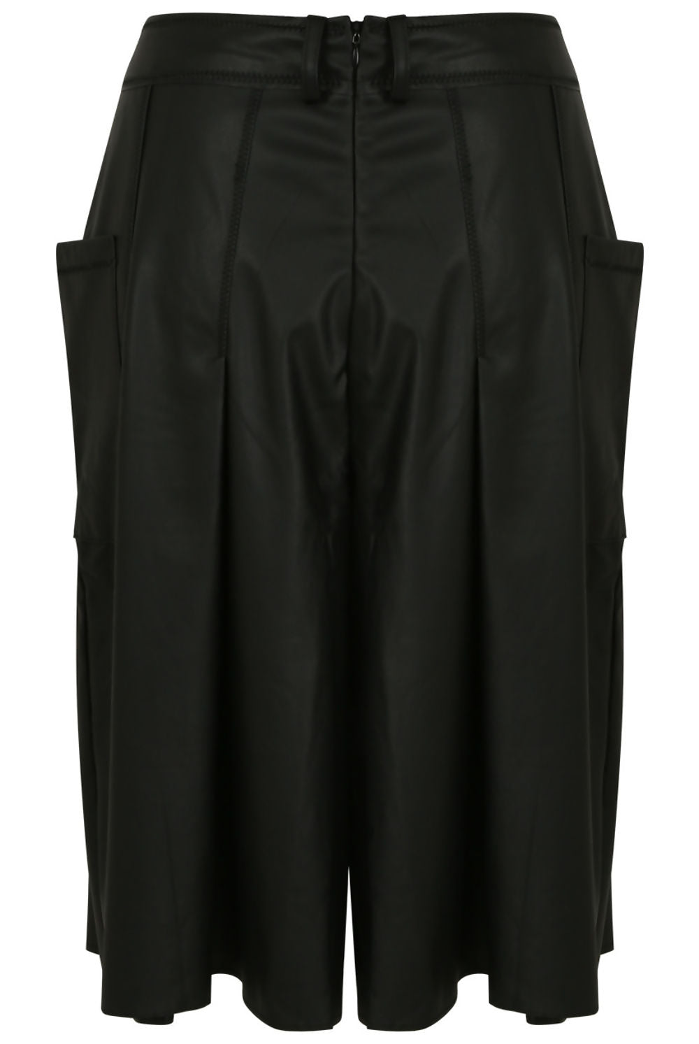 Ghost manequin wears black long  faux leather shorts  with side pockets.  The manequin shows the back of the shorts, demonstrating the close zip fastening. 