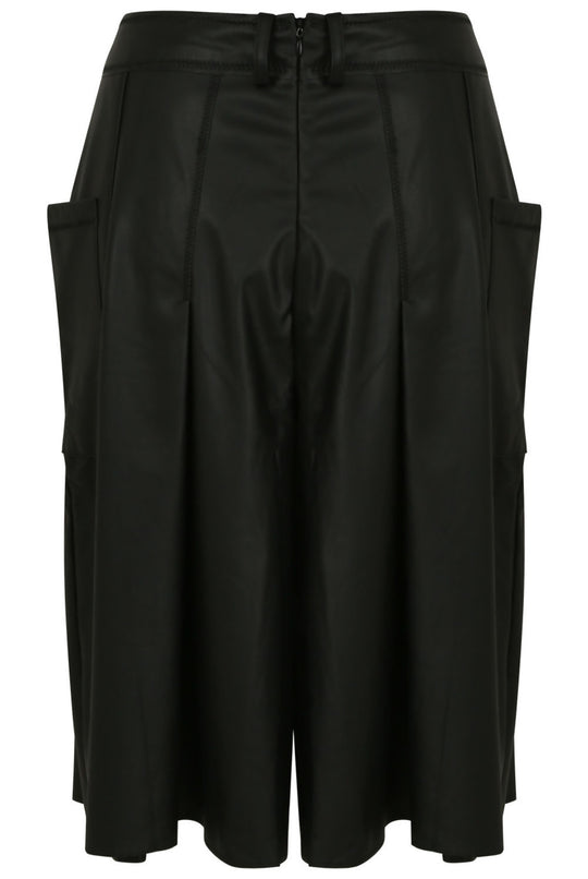Ghost manequin wears black long  faux leather shorts  with side pockets.  The manequin shows the back of the shorts, demonstrating the close zip fastening. 