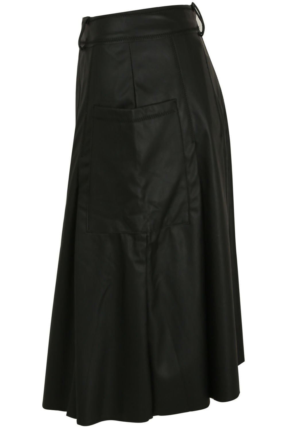 Ghost manequin wears black long  faux leather shorts  with side pockets.  The manequin stands to the side and the side of the skirt is visible, including the side pocket detailing. 