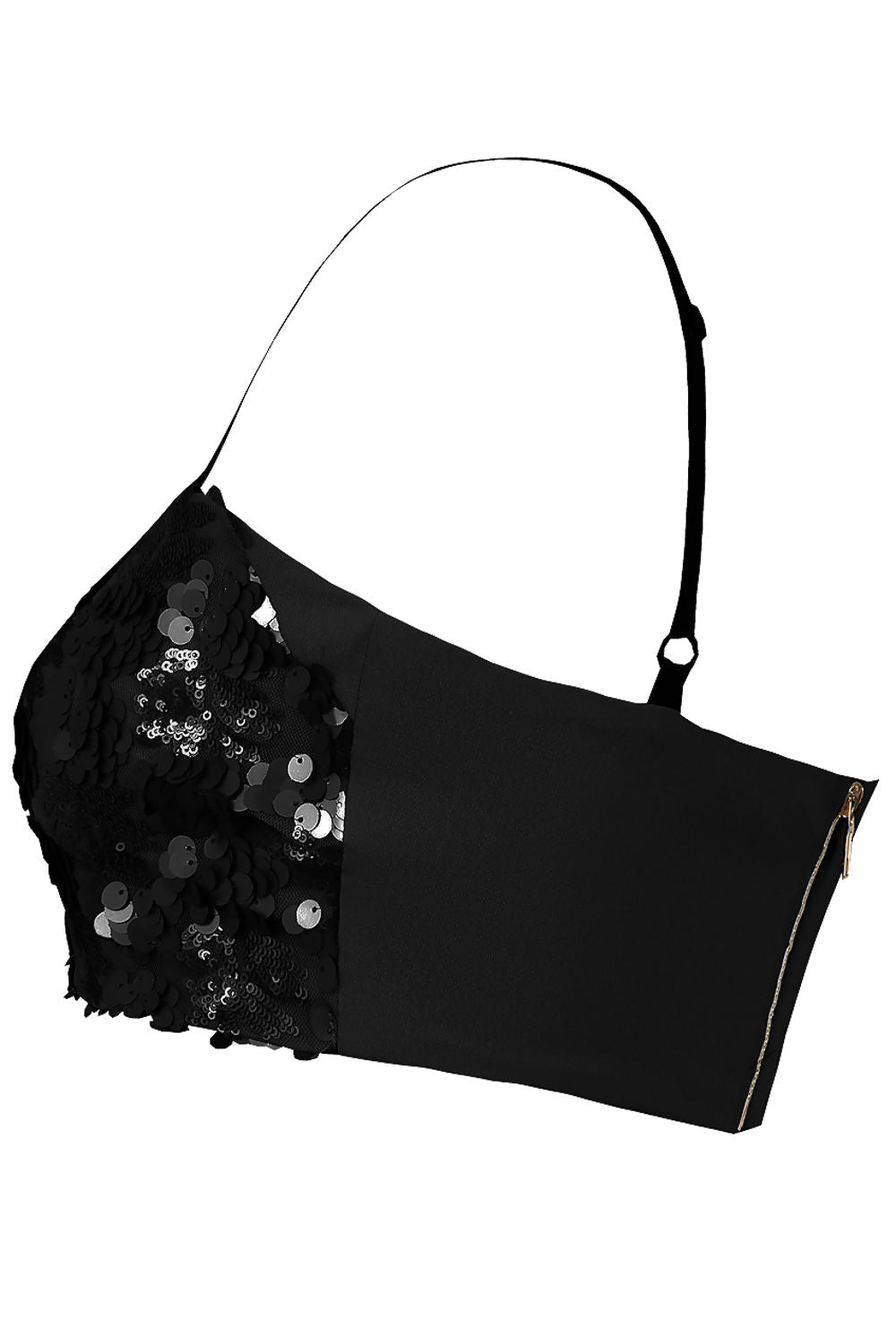 Ghost manequin wears a black sequin brallette with spaghetti straps.  Ghost manequin stands to the side, the back of the brallette is visible, demonstrating the chunky gold strao as well as the side of the vrallette demonstrating the black sequin detailing. 