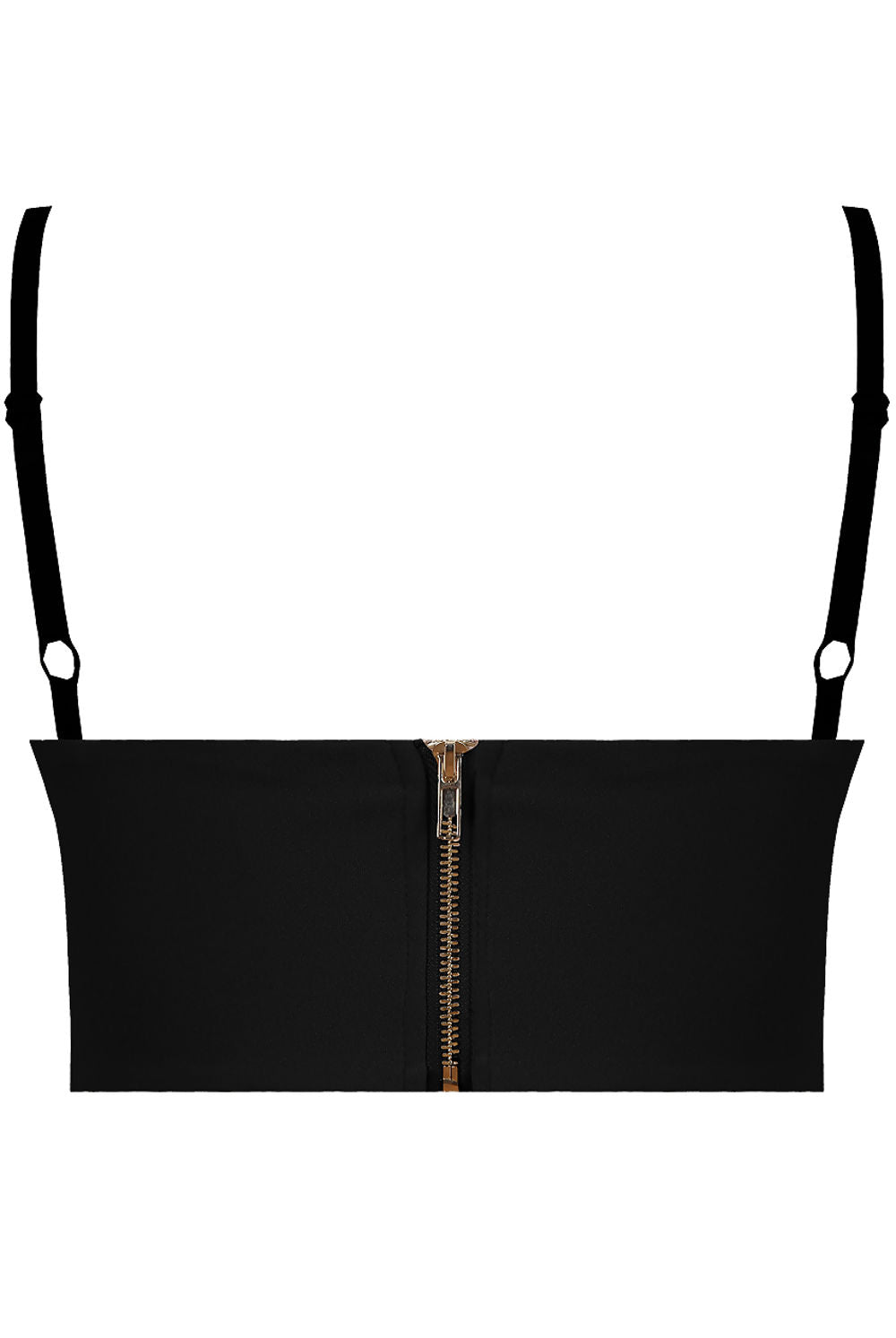 Ghost manequin wears a black sequin brallette with spaghetti straps.  The ghost manequin faces away from the camers, demonstrating the back of the brallette. The bralette has a gold  chunky zip and the spaghetti strap is visible. 