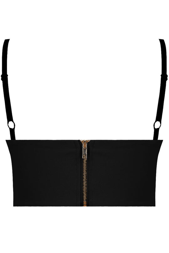 Ghost manequin wears a black sequin brallette with spaghetti straps.  The ghost manequin faces away from the camers, demonstrating the back of the brallette. The bralette has a gold  chunky zip and the spaghetti strap is visible. 