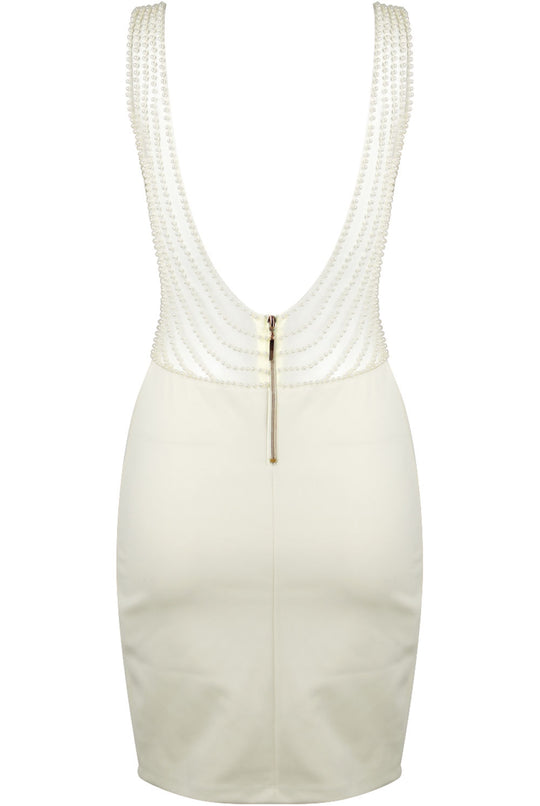 Ghost manequin wears the premium deluxe low back pearl dress with gold chunky zip fastening to the rear. The photograph shows the  back of the dress, demonstrating the low back and chunky gold zip fastening. The pearl detailing is  visible and is present on the low plunging back. 