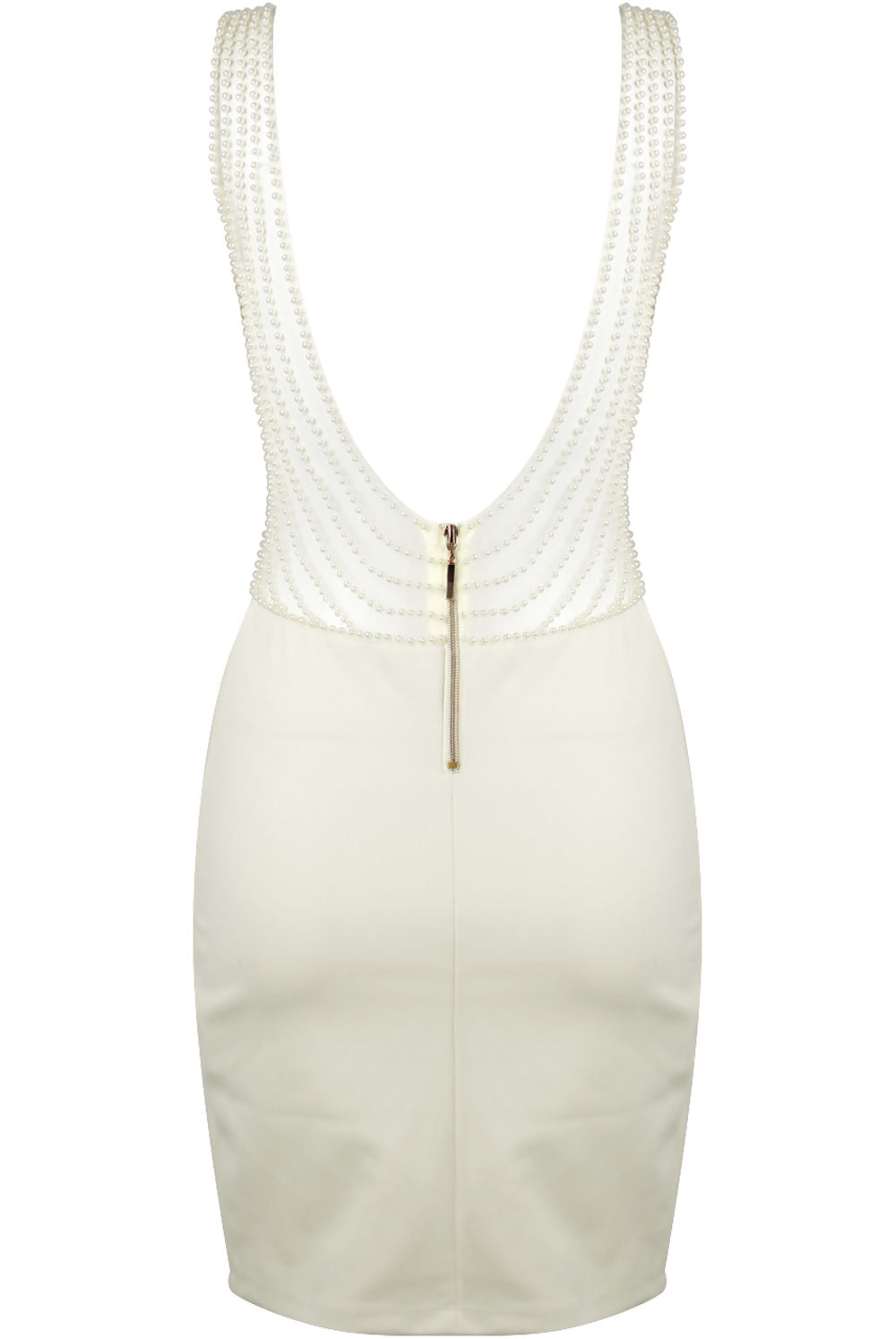 Ghost manequin wears the premium deluxe low back pearl dress with gold chunky zip fastening to the rear. The photograph shows the  back of the dress, demonstrating the low back and chunky gold zip fastening. The pearl detailing is  visible and is present on the low plunging back. 