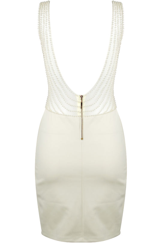 Ghost manequin wears the premium deluxe low back pearl dress with gold chunky zip fastening to the rear. The photograph shows the  back of the dress, demonstrating the low back and chunky gold zip fastening. The pearl detailing is  visible and is present on the low plunging back. 