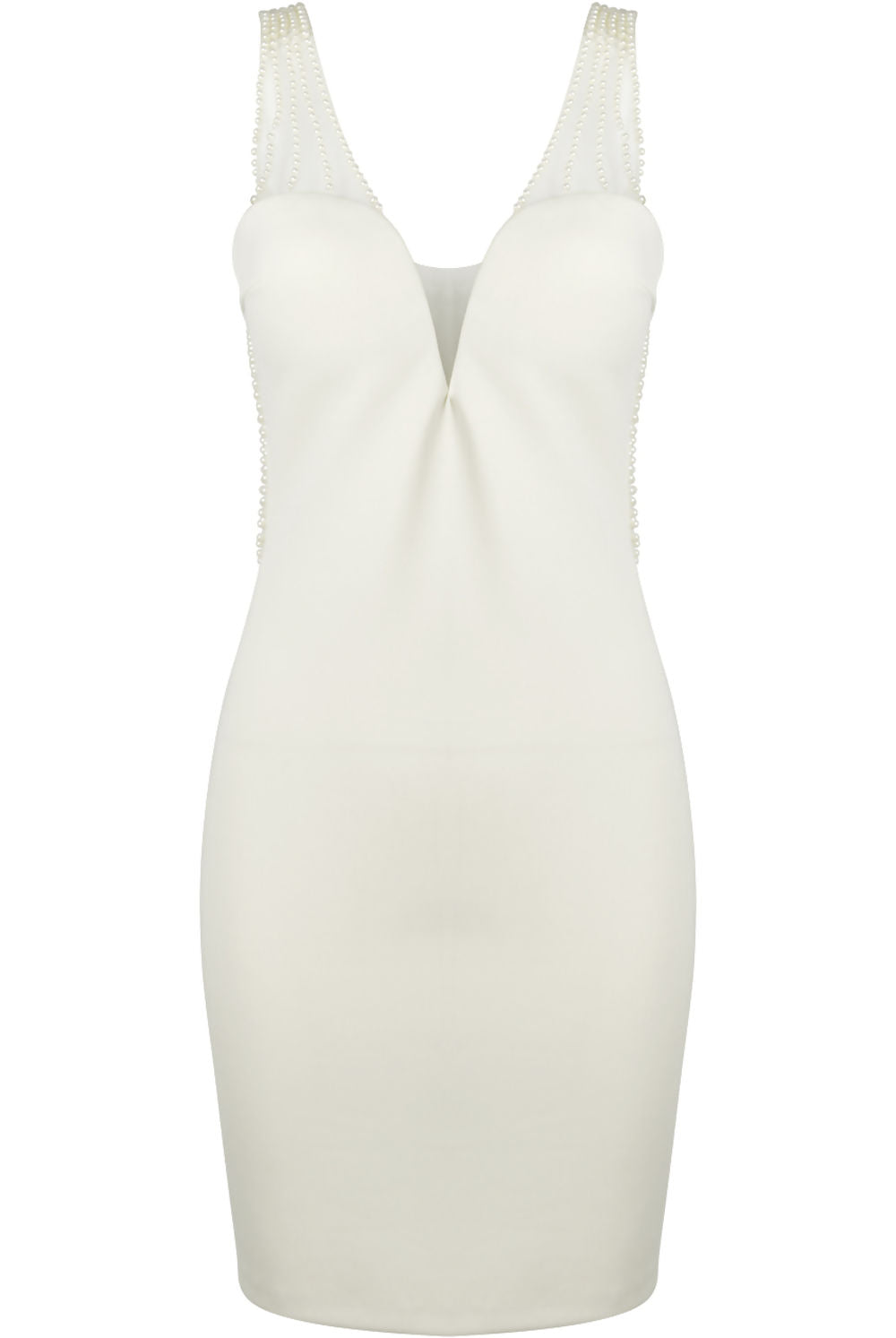 Ghost manequin wears the premium deluxe low back pearl dress with gold chunky zip fastening to the rear.  The ghost manequin wears the dress with the front of the dress visbile, the pearl straps is visible and the  clear mesh where the sewat heart neckline is present.