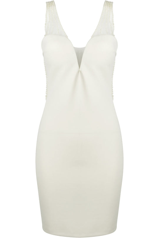 Ghost manequin wears the premium deluxe low back pearl dress with gold chunky zip fastening to the rear.  The ghost manequin wears the dress with the front of the dress visbile, the pearl straps is visible and the  clear mesh where the sewat heart neckline is present.