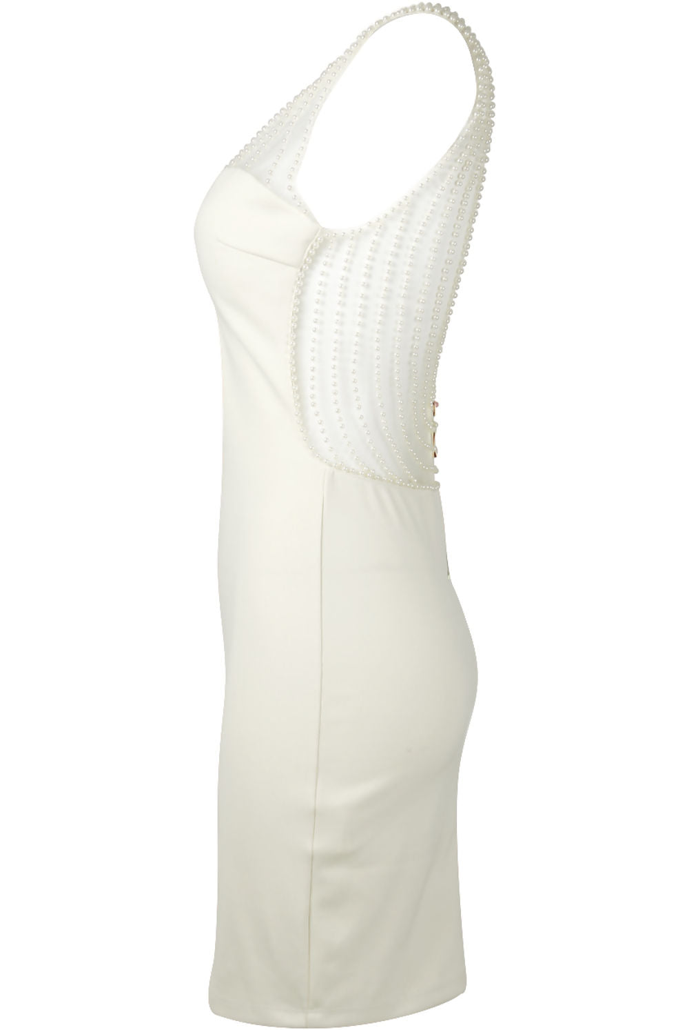 Ghost manequin wears the premium deluxe low back pearl dress with gold chunky zip fastening to the rear.  The ghost manequin wears the dress from a side profile, this shows the pearl  detailing from the side cut out and the pearl detailed straps. 