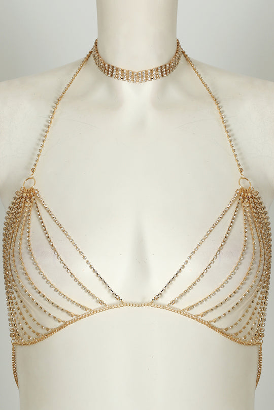 Manequin wears a gold diamante choker with matching gold diamante bralette design.