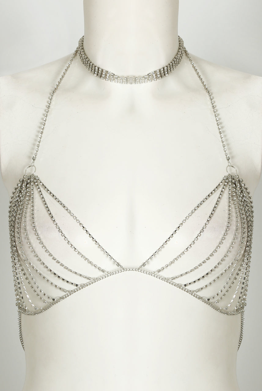 Manequin wears  a silver diamante choker and a diamante bralette. 