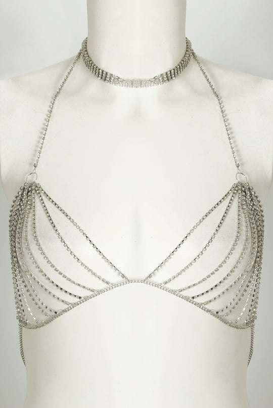 Manequin wears  a silver diamante choker and a diamante bralette. 