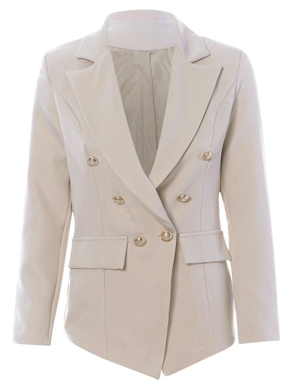 Manequin wears  a stone coloured blazer with gold military button detailing at the front and the sleeves (cuffs.)