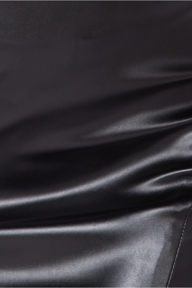 Close up of faux leather midi skirt with front side split. 