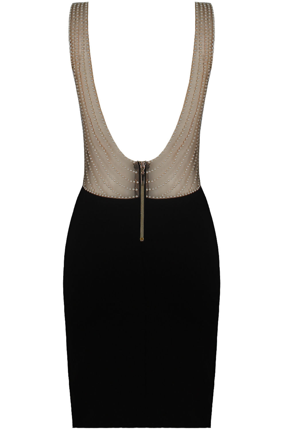 Ghost manequin wears a 4ever Stunning Premium Deluxe Dress with sweat heart neckline, with clear mesh at the plunging neckline. The dress has pearl detailing at the the dress straps and at the low plunging back. The picture shows the deep plunging back of the dress with the pearl detailing and gold chunky zip fastening. 