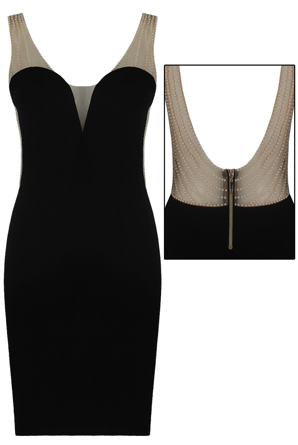 Ghost manequin wears a 4ever Stunning Premium Deluxe Dress with sweat heart neckline, with clear mesh at the plunging neckline. The dress has pearl detailing at the the dress straps and at the low plunging back. The picture shows both the front and back of the design. 