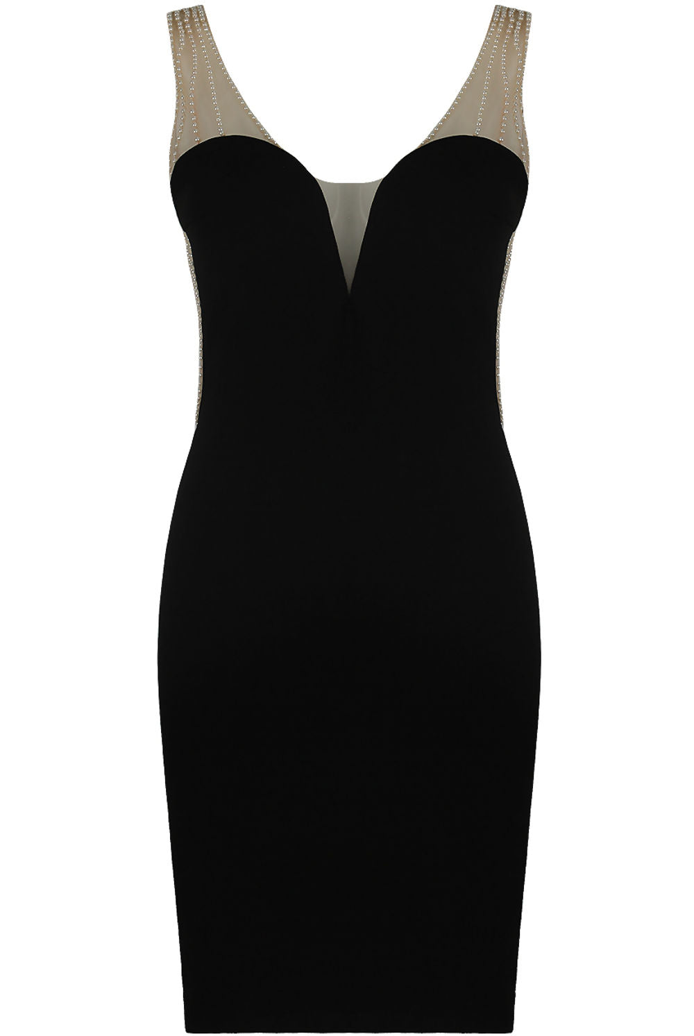 Ghost manequin wears black premium dress with sweetheart neckline and pearl straps.