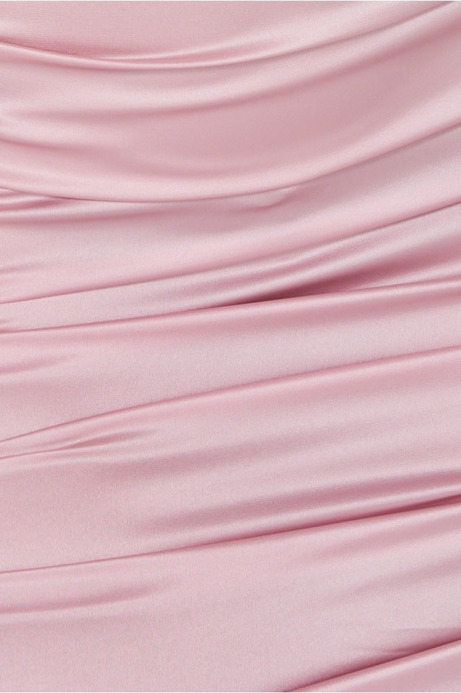 Close up of  the satin ruched detailing. 