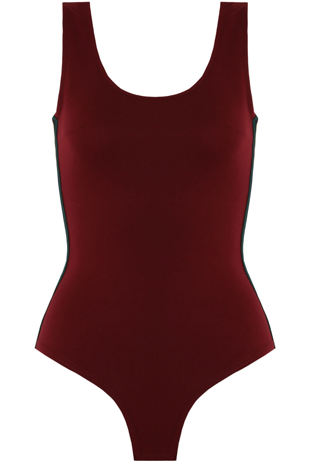 Ghost manequin wears a red bodysuit with side detailing and a scoop neck.