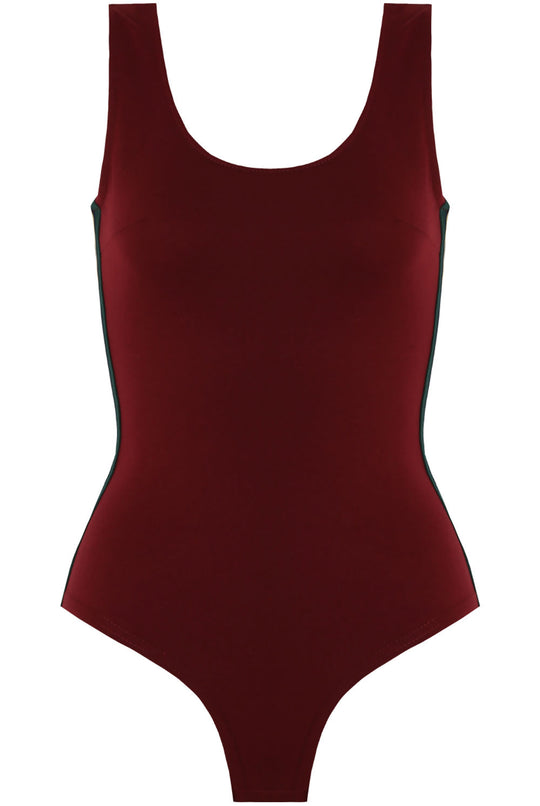 Ghost manequin wears a red bodysuit with side detailing and a scoop neck.